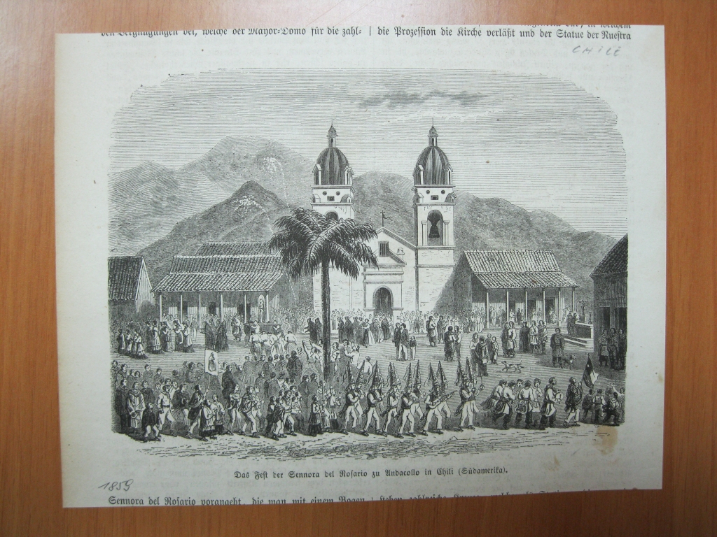 Vista de la Iglesia del Rosario (Chile, América del sur).1859. Freeman.